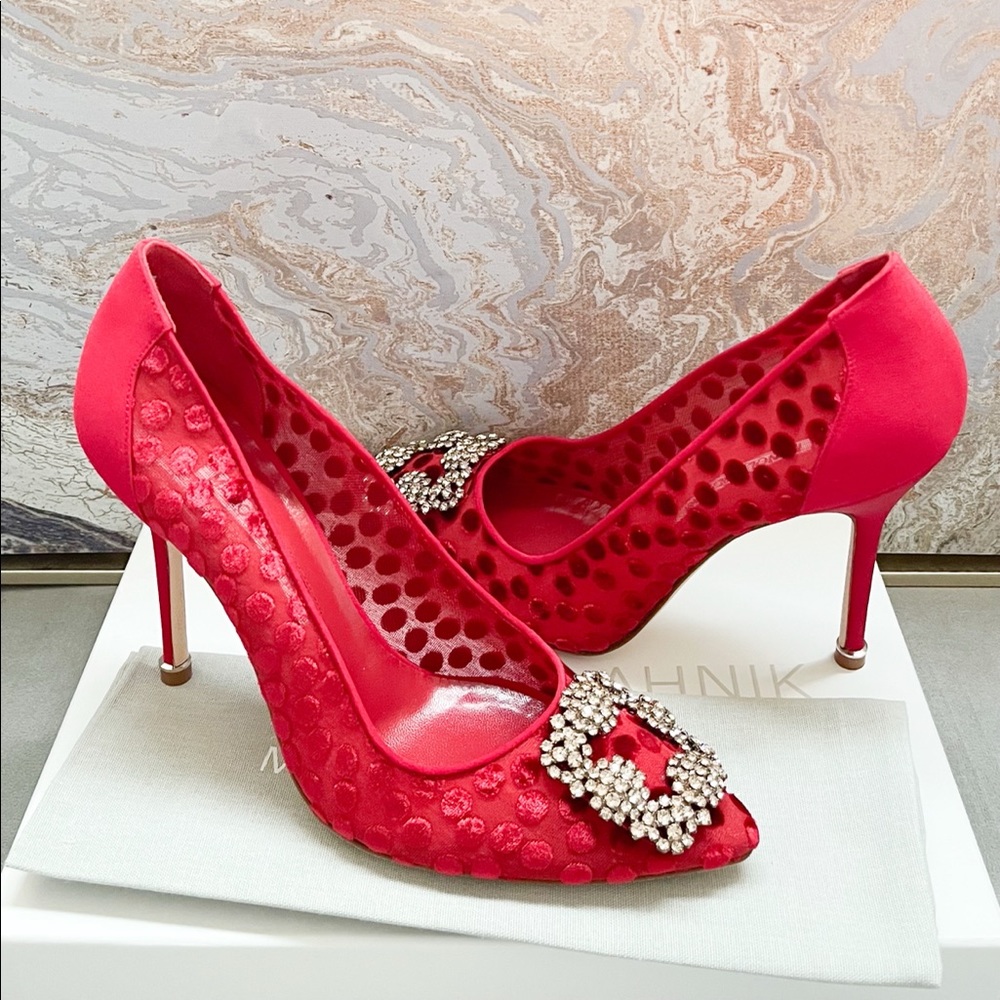 New! Manolo Blahnik Hangisi Red Jewel Buckle Pumps - Picture 1 of 11